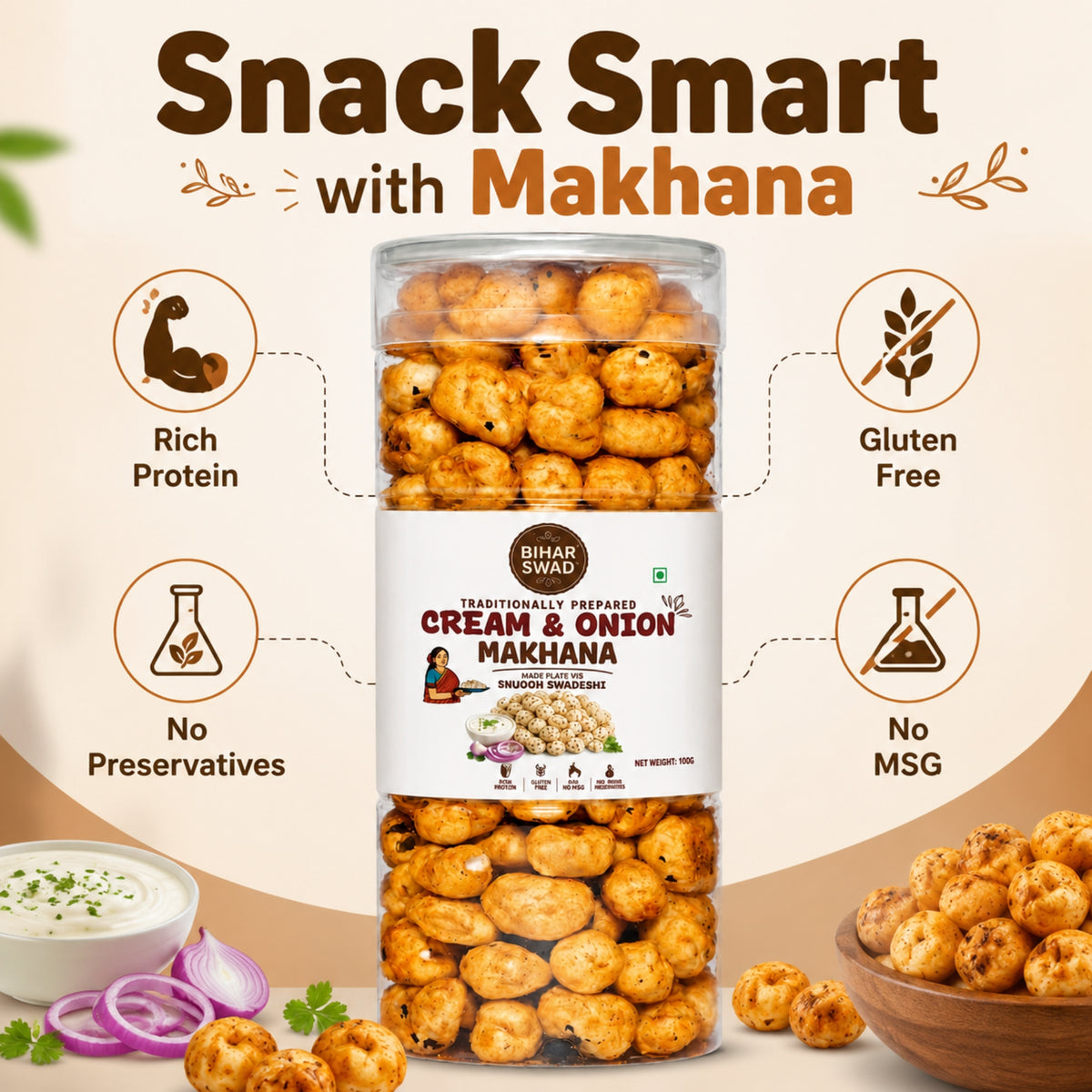 Bihar Swad Roasted Makhana - Cream & Onion (100g)