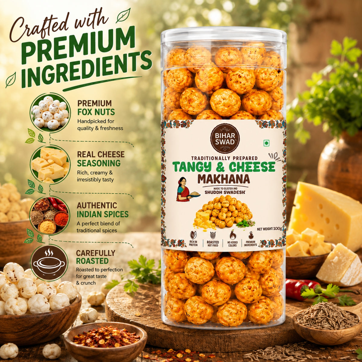 Bihar Swad Roasted Makhana - Tangy & Cheese (100g)