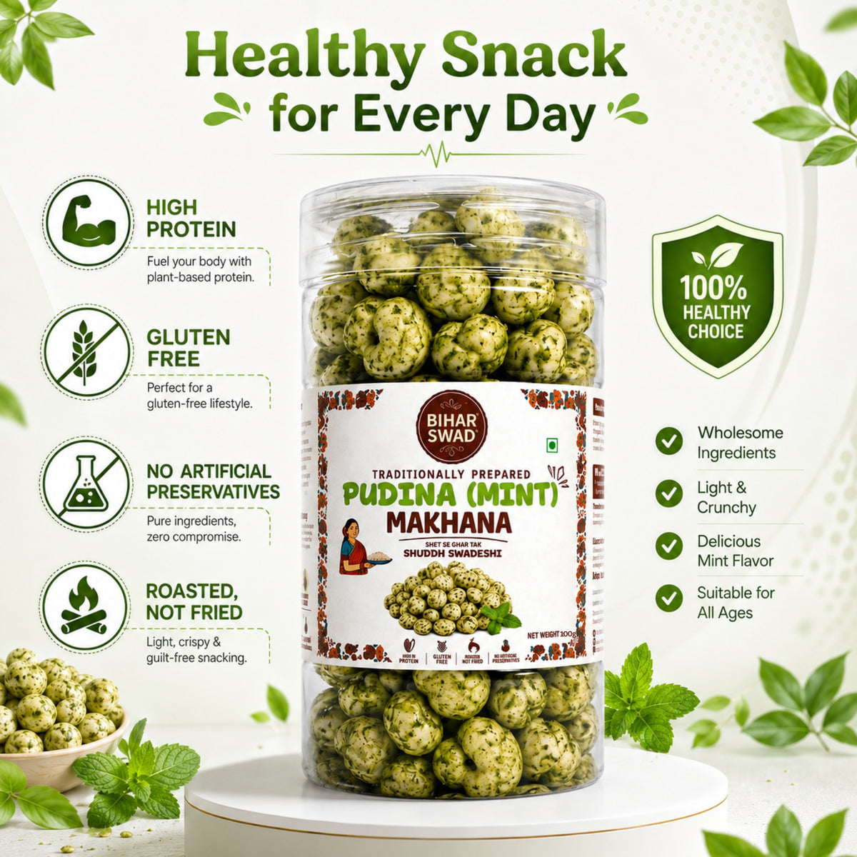 Bihar Swad Roasted Makhana - Pudina Mint (100g)