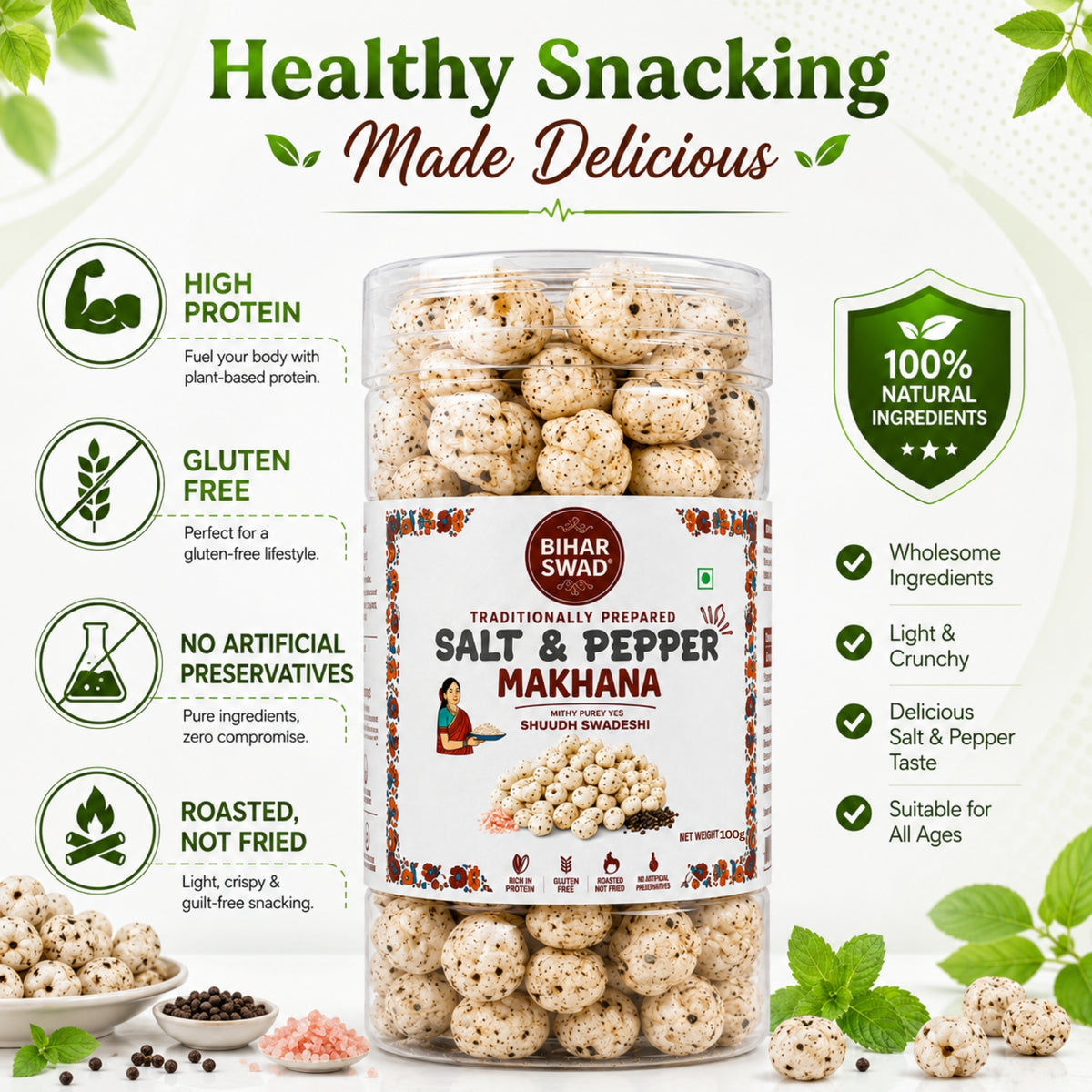 Bihar Swad Roasted Makhana - Salt & Pepper (100g)